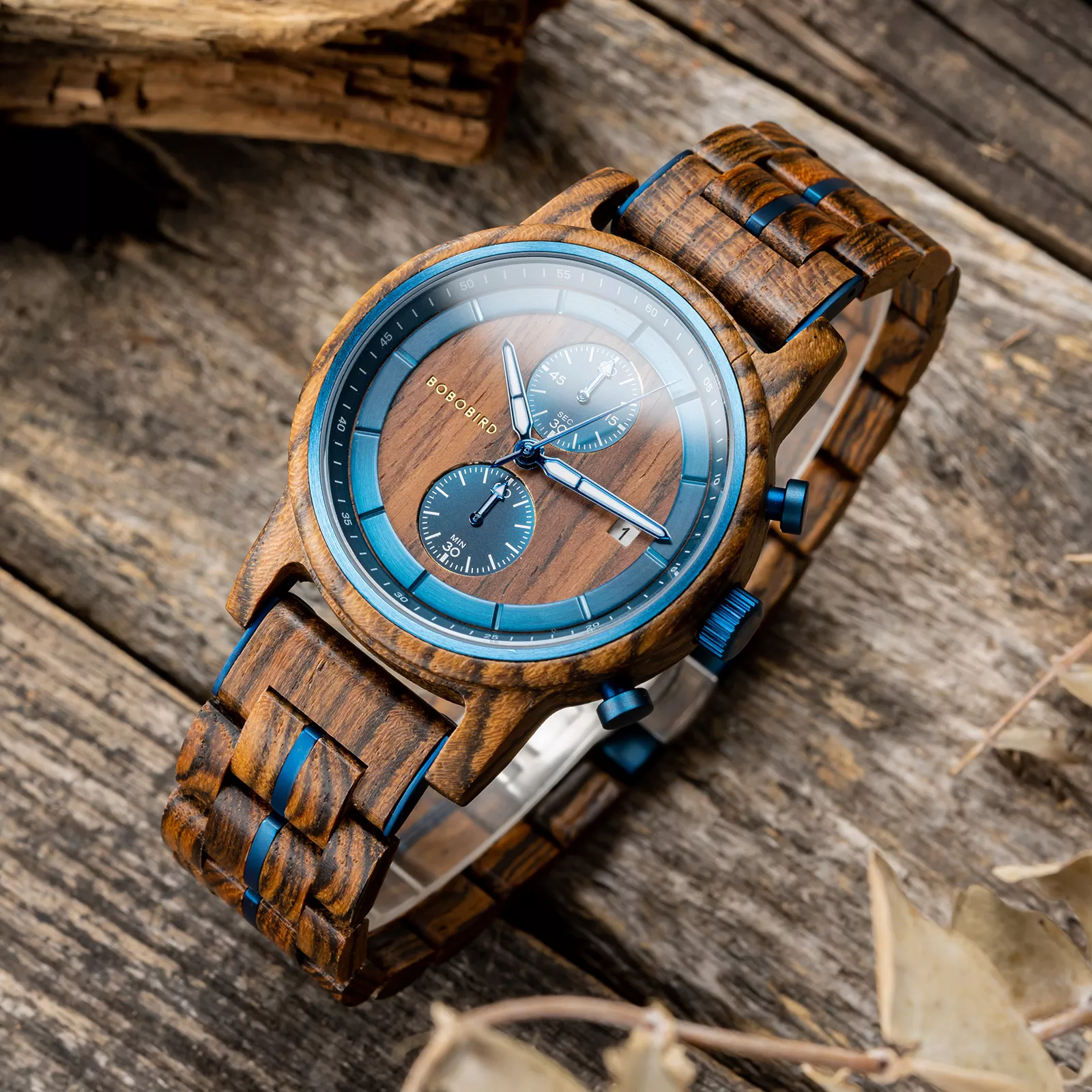 BOBO BIRD Men’s Wooden Watches Classic walnut Wood Silver Chronograph