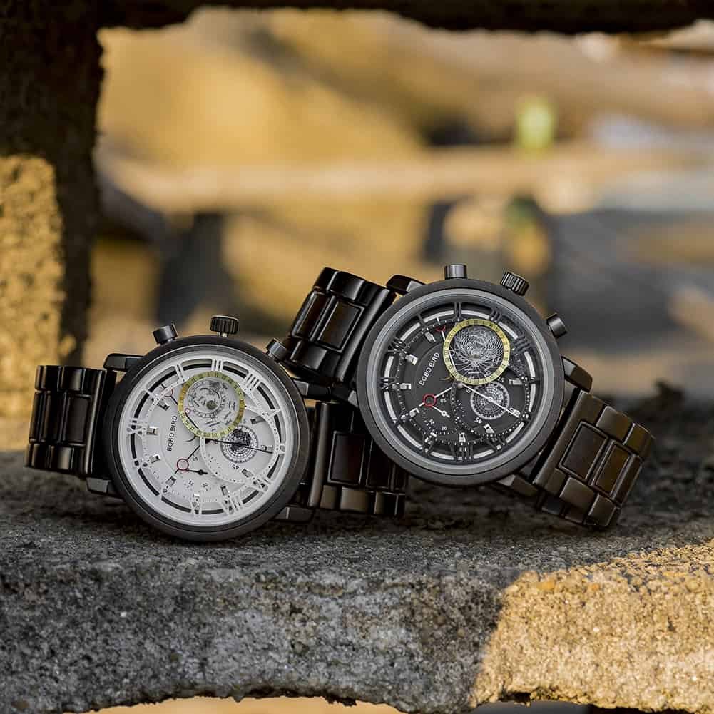 BOBO BIRD Gift Watches Personalized Handmade Wooden Watch Ebony Chronograph Watch