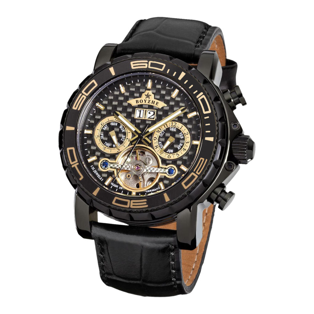 BOYZHE Mens  Handcrafted Leather Strap Tourbillon Mechanical Wristwatch - Image 3