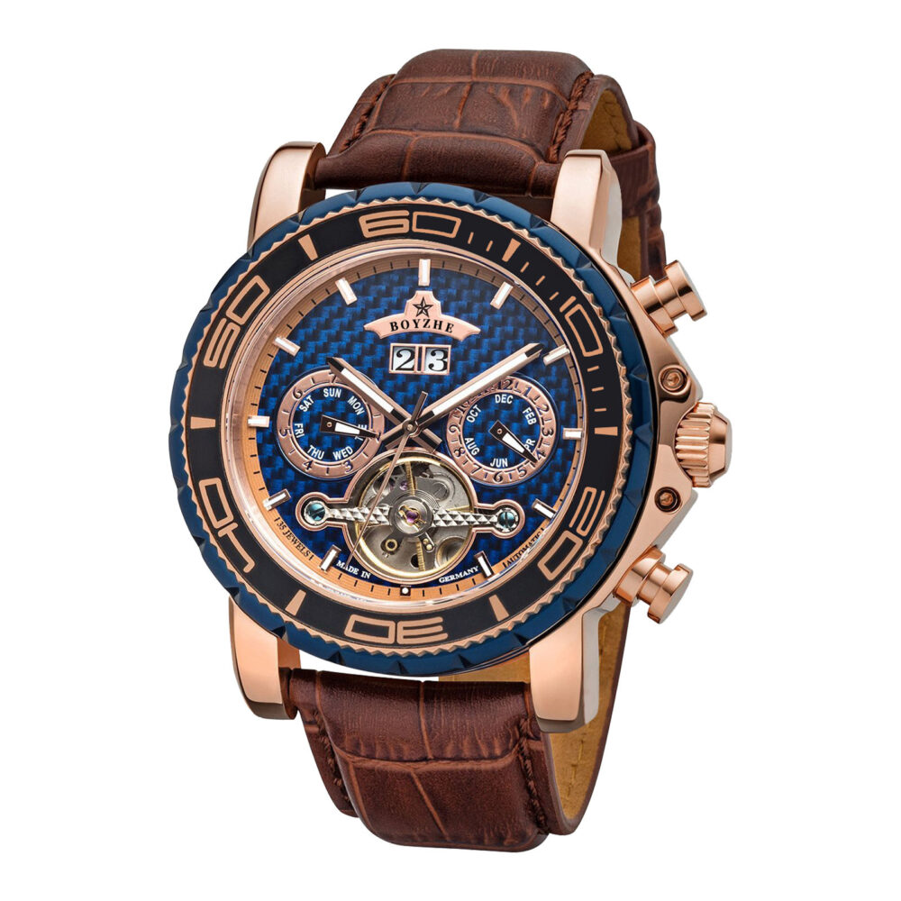 Mens Handcrafted Leather Strap Tourbillon Mechanical Wristwatch