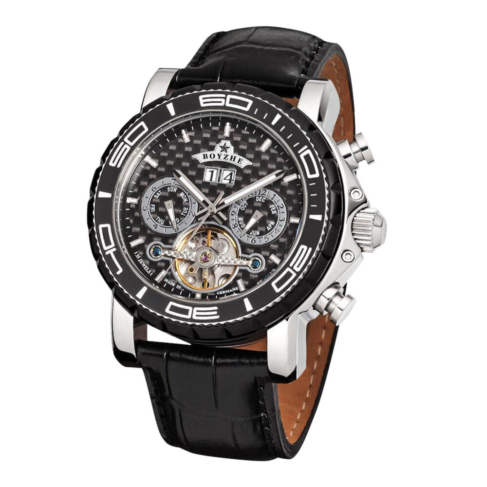 BOYZHE Mens  Handcrafted Leather Strap Tourbillon Mechanical Wristwatch - Image 5